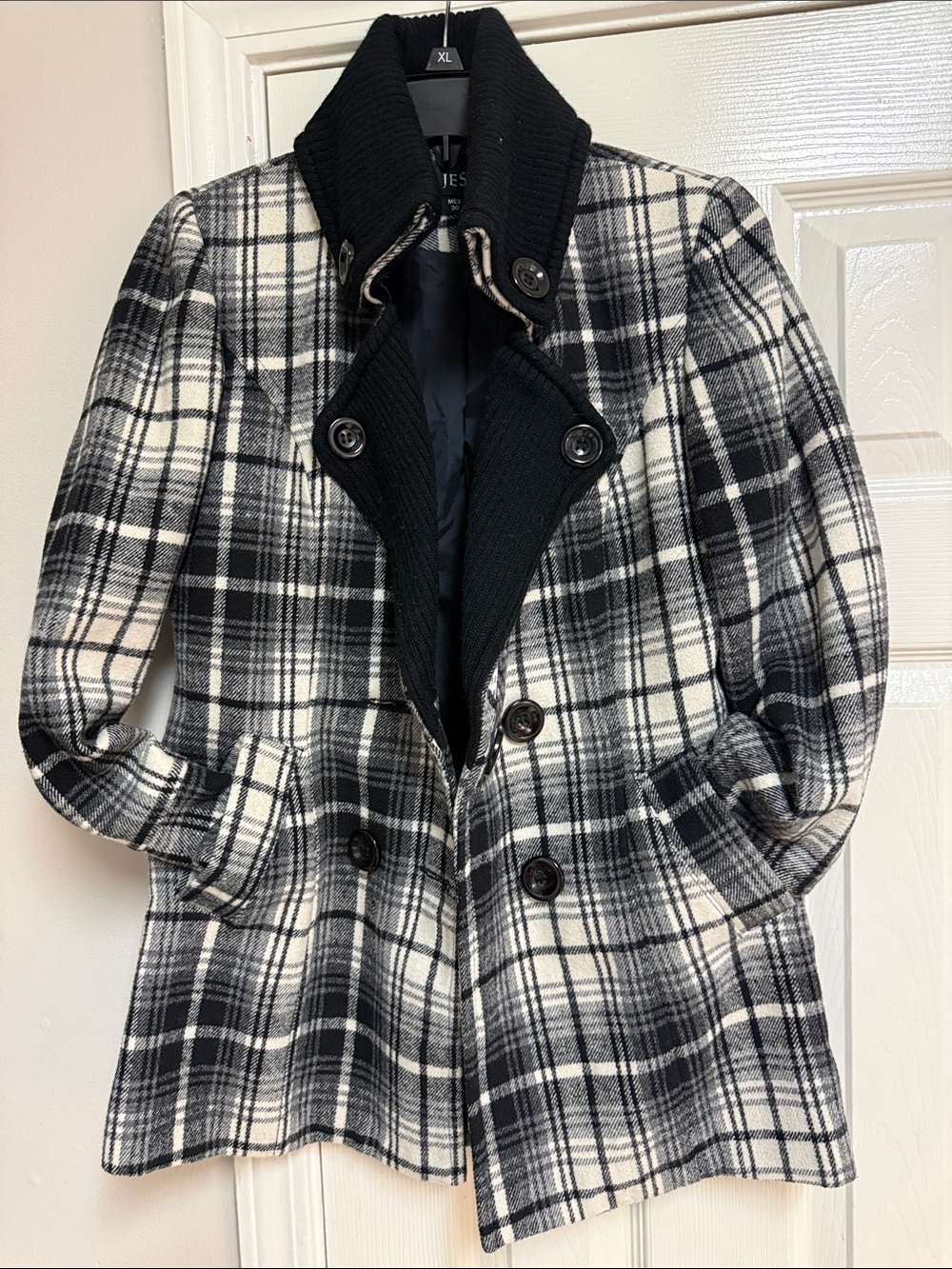 JESS Collection Black & White Plaid Double-Breasted Women’s Coat with Ribbed